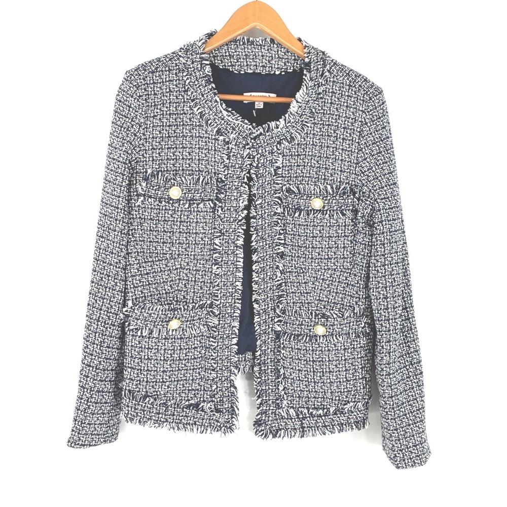 Nanette Lepore Womens M Blazer Medium Navy Blue White Tweed Fringe Trim
